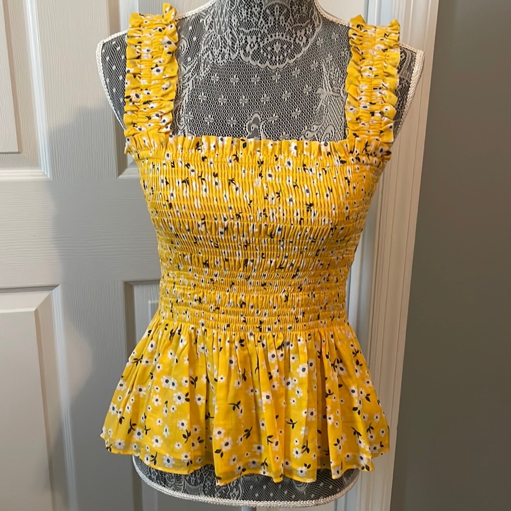 Yellow Floral Smocked Peplum Tank Top